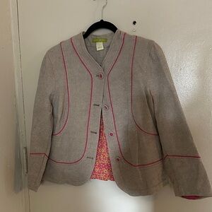 Sigrid Olsen Collarless Button Up Woven Linen Jacket with Piping.